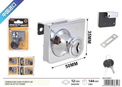 [03651] Cerradura para puerta de cristal con llave 50x35x36 mm - Herrajería