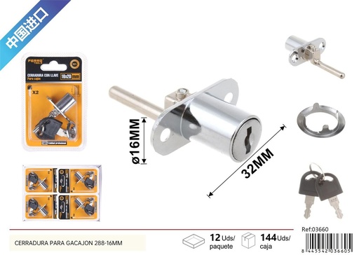[03660] Cerradura para cajón con llave 288-16 mm - Accesorios para muebles