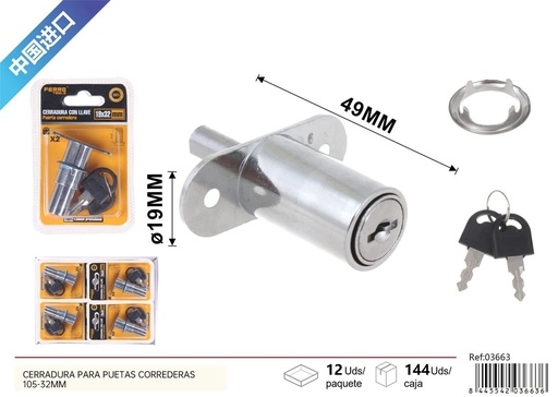 [03663] Cerradura para puertas corredizas con llave 105-32 mm - Ferretería