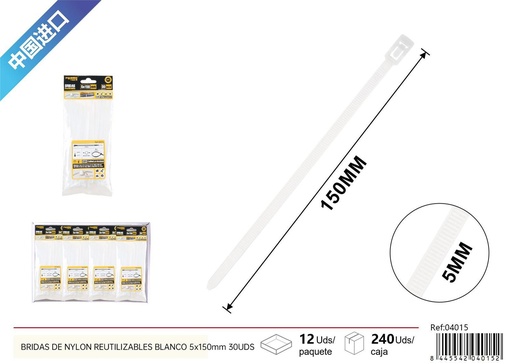 [04015] Bridas de nylon reutilizables blancas 5*150mm 30pcs - Ferretería
