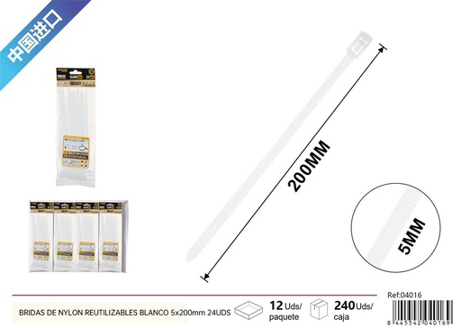 [04016] Bridas de nylon reutilizables blancas 5*200 mm 24 piezas - Accesorios de ferretería