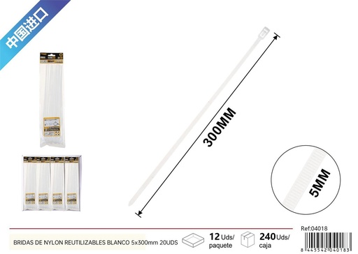 [04018] Bridas de nylon reutilizables blancas 5*300 mm (set de 20) - Accesorios de ferretería