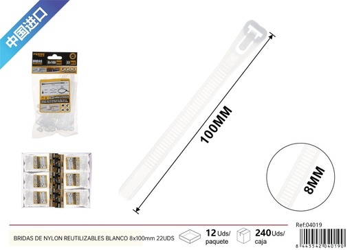 [04019] Bridas de nylon reutilizables blancas 8x100mm - 22 UDS, accesorios de ferretería