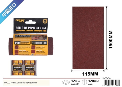 [04581]  Papel lija P80 115*1500 mm - Herramientas de ferretería