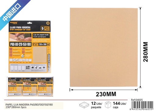 [04605] Papel de lija de madera P60/80/100/150/180, 5 pcs - Herramientas de ferretería