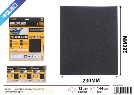 [04606] Papel lija hierro P60/80/120/150/180 230*280mm 5pcs - Herramientas de lijado