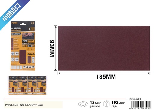 [04608] Papel de lija P120 185*93mm - 5 pcs, herramientas de ferretería