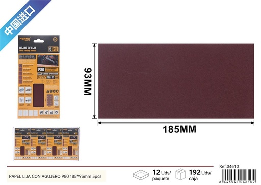 [04610] Papel lija P80 con agujeros 185*93 mm 5 piezas - Herramientas de ferretería