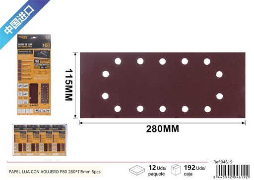 [04619] Papel lija P80 280*115 mm 5 piezas con agujeros - Herramientas de ferretería