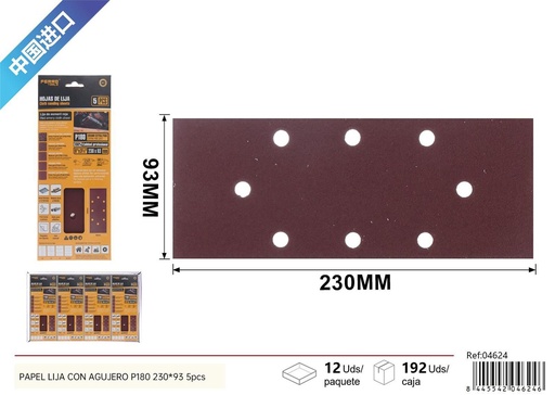 [04624] Papel Lija con Agujero P180 230x93mm 5Pcs - Herramientas de Ferretería