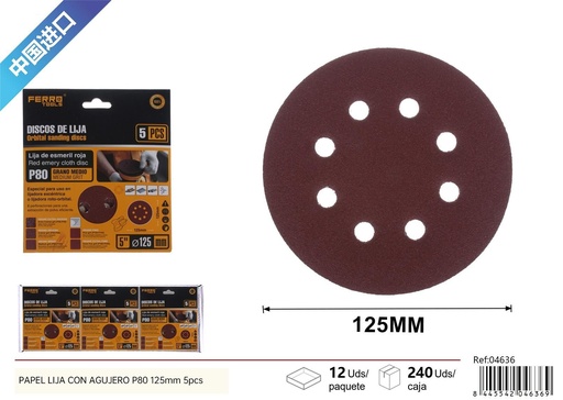 [04636] Papel lija P80 125 mm 5 piezas con agujeros - Herramientas de ferretería