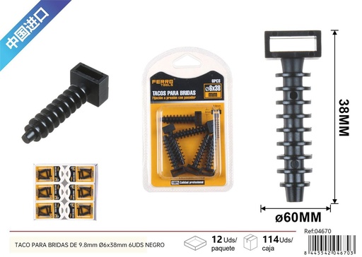 [04670] Taco negro para bridas de 9.8 mm 6 pcs - Accesorios de ferretería