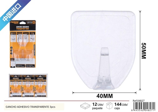 [04827]  Gancho adhesivo transparente 3 pcs - Colgadores de ferretería