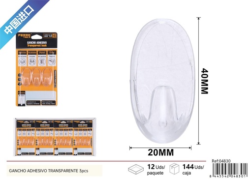 [04830] Gancho adhesivo transparente 3 pcs - Artículos para el hogar