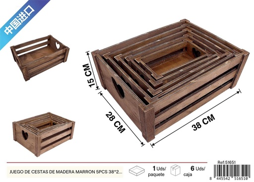 [51651] Juego de cestas de madera marrón 5 piezas 38x28x15x3.5 cm - Decoración del hogar