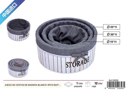 [51656] Juego de cestas de madera blancas con tela 3 piezas Ø23*11 cm - Decoración del hogar