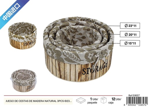 [51657] Juego de cestas de madera natural con tela 3 piezas Ø23*11 cm - Decoración del hogar