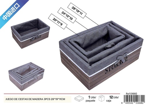 [51660] Juego de cestas de madera grises 3 piezas 28*19*11 cm - Decoración del hogar