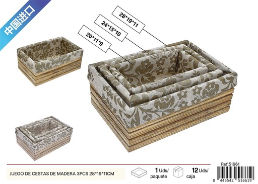 [51661] Juego de cestas de madera naturales 3 piezas 28*19*11 cm - Decoración del hogar