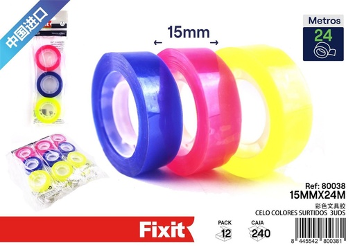 [80038] Celo de colores surtidos 15 mm*24 m 3 piezas - Artículos de oficina