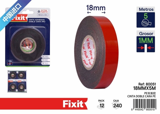 [80051] Cinta adhesiva doble cara PE roja 18 mm x 5 m - Cinta y adhesivos
