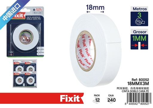 [80052] Cinta adhesiva doble cara PE 18mmx3m para fijaciones