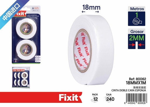 [80062] Cinta adhesiva doble cara esponja 2MM 18MM*1m 2PCS - Artículos de ferretería
