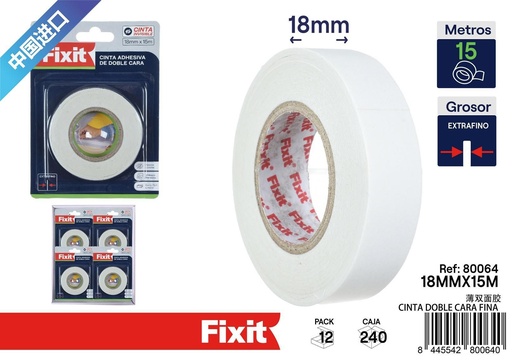 [80064] Cinta adhesiva doble cara fina 18mm*15m - Accesorios varios