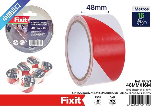 [80171] Cinta de señalización adhesiva rojo-blanco 48 mm x 16 m - Material de señalización
