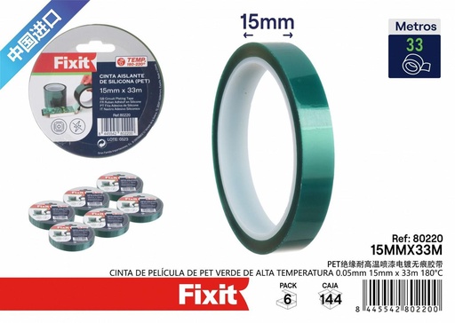 [80220] Cinta de película de PET verde de alta temperatura 0.05mm 15mmx33m 180°C - Cintas térmicas