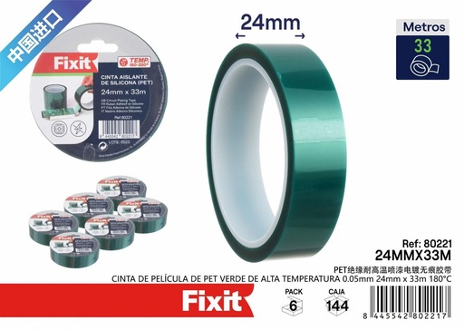 [80221] Cinta de película PET verde de alta temperatura 0.05mm 24mmx33m 180°C para aislamiento y protección