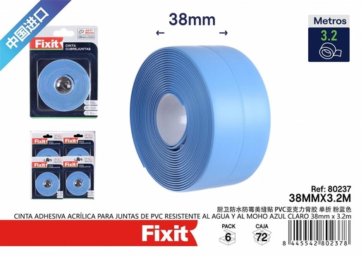 [80237] Cinta adhesiva acrílica para juntas de PVC resistente al agua azul claro 38mm*3.2m - Cintas adhesivas