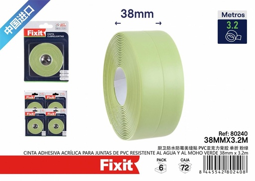 [80240] Cinta adhesiva acrílica para juntas de PVC resistente al agua verde 38mm*3.2m - Cintas adhesivas