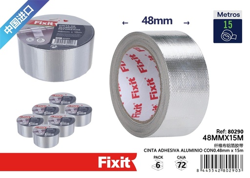 [80290] Cinta adhesiva de aluminio con fibra 0.48x15m para sellado y reparación
