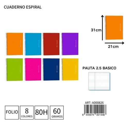 [A000826] Cuaderno espiral de pautas 2.5 de 80 hojas 60 g - Papelería básica