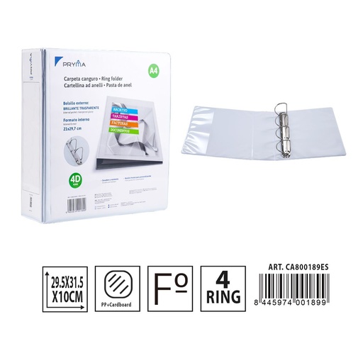 [A000957] Carpeta Canguro PP 4 anillas 295x315 mm - Material de oficina y carpetas