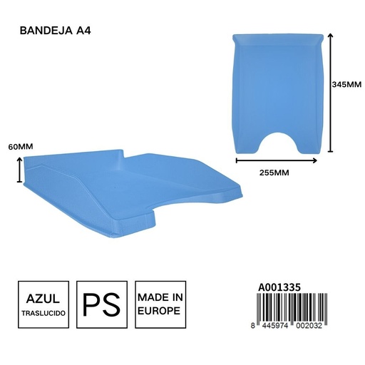 [A001335] Bandeja azul translúcido A4 345x255x60 mm - Papelería