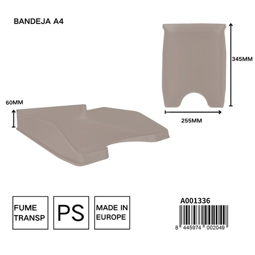 [A001336] Bandeja translúcida humo A4 345x255x60 mm - Papelería